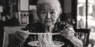 老人专注享用一碗面条