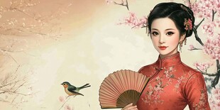 古典旗袍佳人持扇赏春