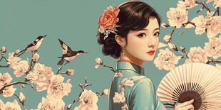 古典佳人持扇伴花鸟