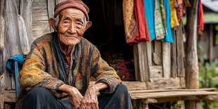 苗寨老人坐于木屋前