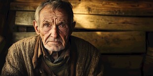 沧桑老人独坐木墙前