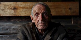 沧桑老人独坐木屋前