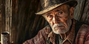 沧桑老者独坐木屋前