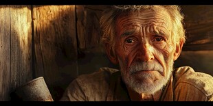 沧桑老人独坐木屋前