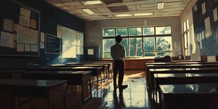 孤独少年在空荡教室沉思