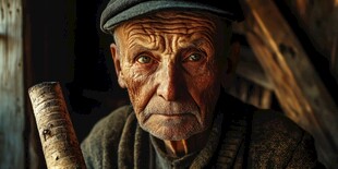 沧桑老人与手中的桦木