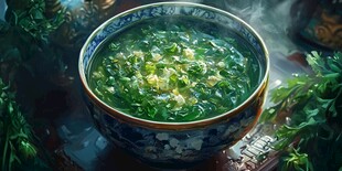 青花瓷碗中的翡翠蛋花汤