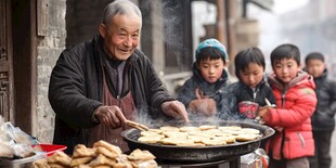 老人街边摊制作美食引孩童围观