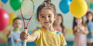 小女孩手持球拍开心微笑