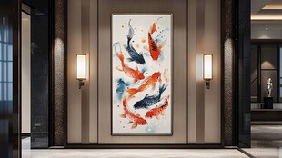中式大厅里的锦鲤艺术挂画