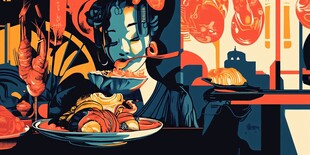 复古风女子享用丰盛美食