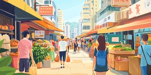 热闹市井的烟火气街道