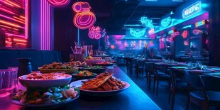 霓虹灯下的美味餐厅盛宴