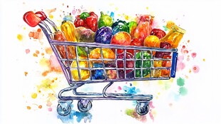 水彩绘满载多彩蔬果购物车