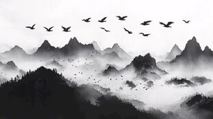水墨群鸟翔于山峦间
