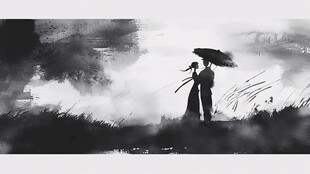 水墨风下的浪漫情侣撑伞图