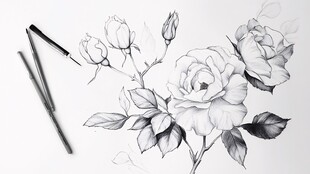 手绘黑白玫瑰花与画笔