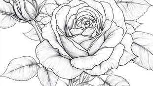 黑白手绘玫瑰花线条图