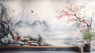 中式山水花鸟意境背景墙