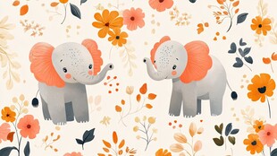 可爱小象与花卉插画图案