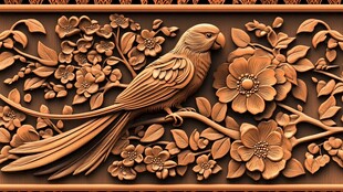 木雕花鸟图 灵动鹦鹉栖繁花