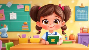 教室里捧书微笑的可爱女孩