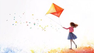 女孩放飞风筝的梦幻瞬间