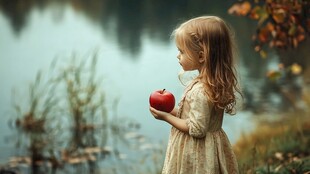 湖畔持苹果的金发小女孩