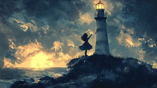 少女灯塔下的梦幻黄昏
