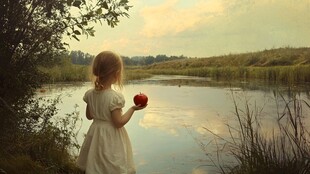 湖畔持苹果的可爱小女孩