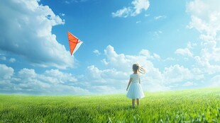 女孩草地放风筝的美好瞬间