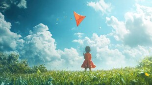 女孩草地放风筝的美好瞬间