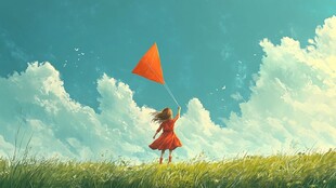 女孩草地放风筝的美好瞬间