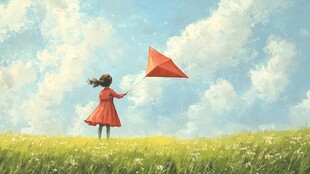 女孩草地放风筝的美好瞬间