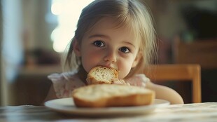 小女孩专注吃面包瞬间