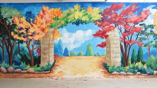 秋日拱门美景手绘墙绘