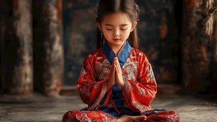 古典女童身着华服虔诚祈福
