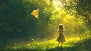 女孩林间放风筝的梦幻瞬间