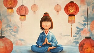 小女孩静坐于灯笼之下