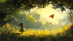 女孩在林间草地快乐放风筝