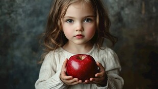 小女孩手捧鲜红大苹果