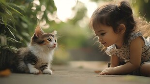 小女孩与小猫的温馨对视