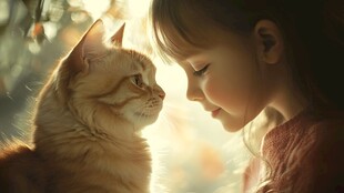 小女孩与猫咪的温馨对视