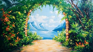 拱门后的山水自然美景