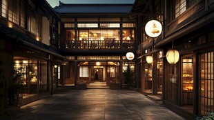 古雅日式庭院夜间景致