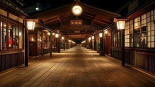 日式古街夜景木质长廊