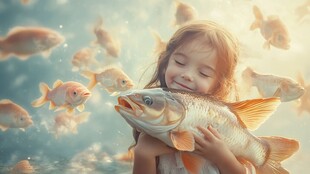 女孩与鱼的梦幻水下邂逅