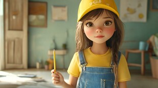 戴黄帽持铅笔的可爱女孩
