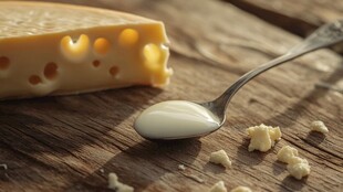 木桌上的奶酪与一勺奶油