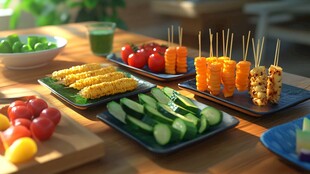 多彩蔬果串摆放在木桌上